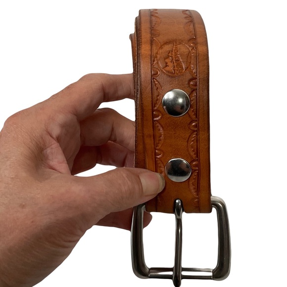 Leather Brown Belt w/Silver Plated Hardware w/Scalloped Design on Belt Size~ 48” - Picture 1 of 13